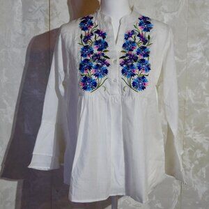 Bhama Couture Women's XL White Blue Floral Embroidered Peasant Blouse
